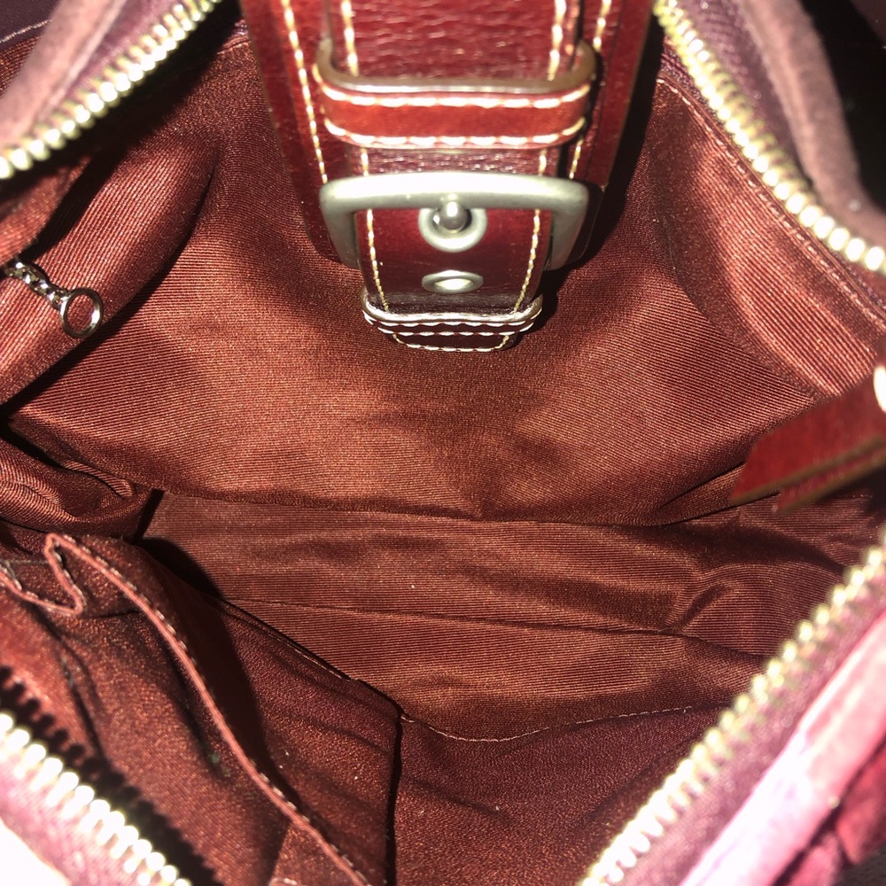 COACH Hampton Patchwork Mosaic Burgundy Leather Brown Suede Top Zip Shoulder Bag - Picture 12 of 17